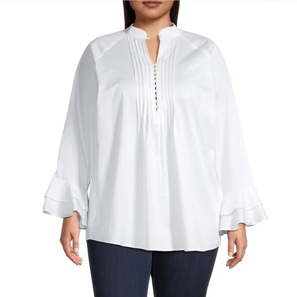 Harshman Nagisa Pintuck Ruffle-Cuff Cotton Blouse in white Size 2X - Picture 1 of 13